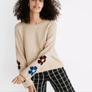 Madewell Belmore Floral-Sleeve Pullover Sweater in cream S
